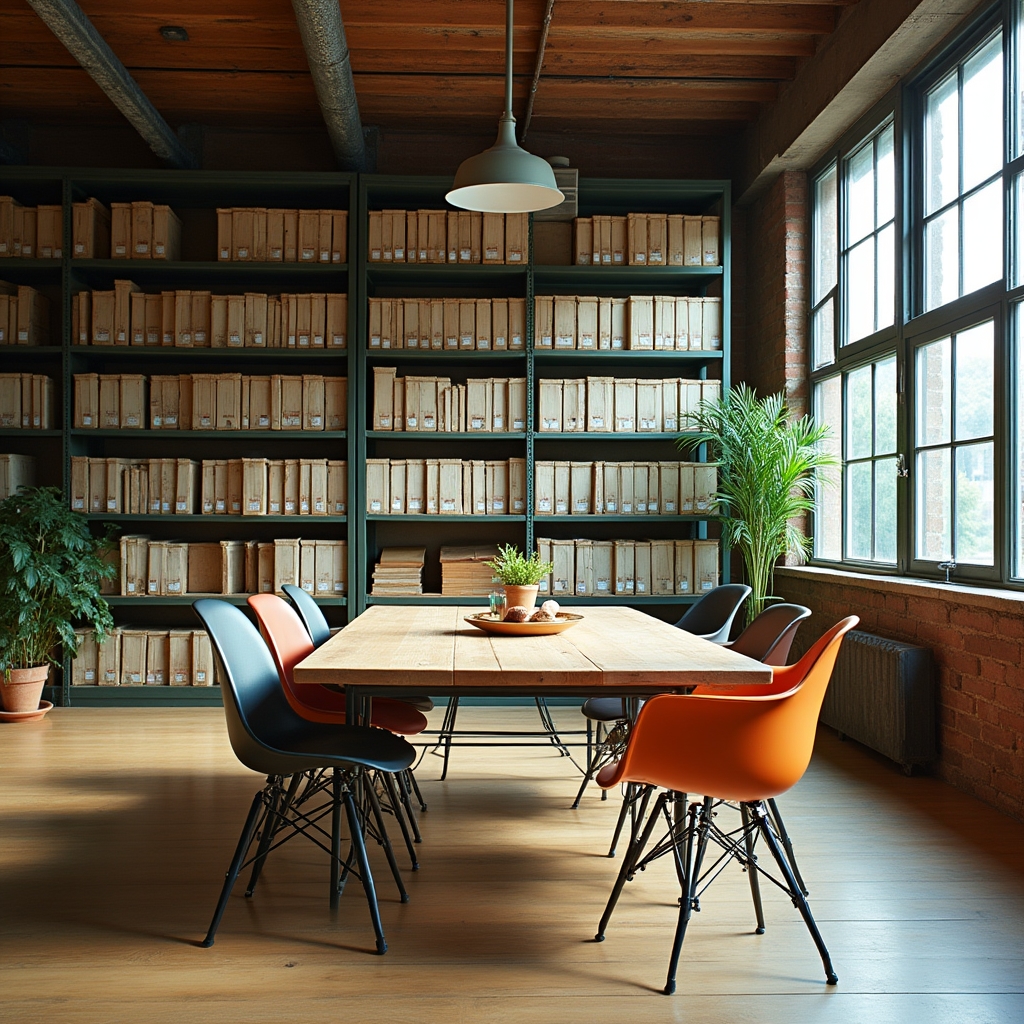 Espacio de trabajo con estanterías de archivadores y mesa de reuniones